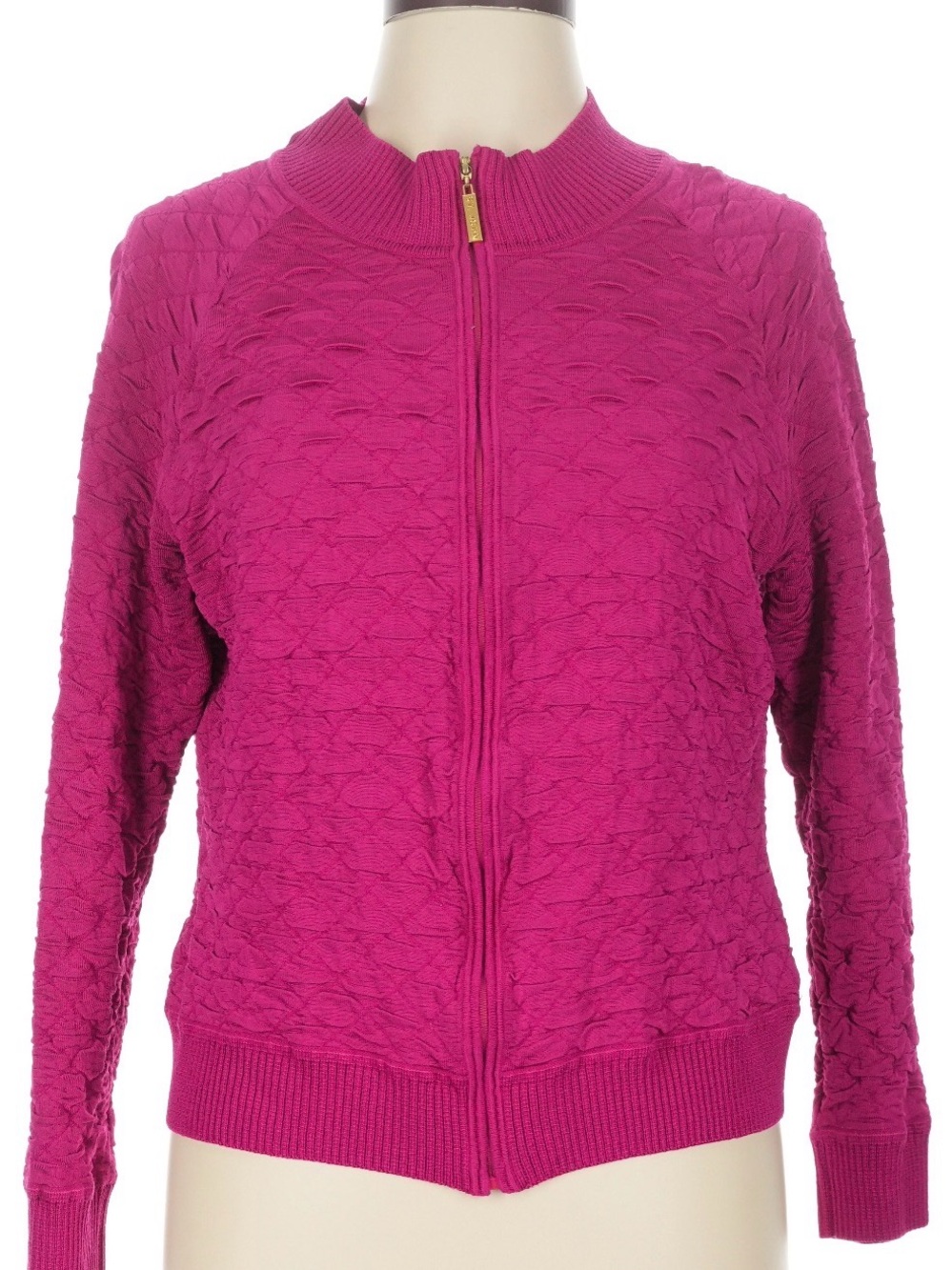 St. John Fuchsia Textured Zip-Front Sweater Women Size Large
